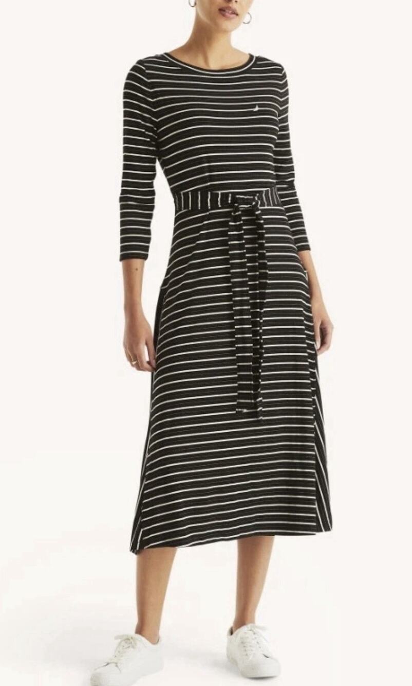 Nautica Jeans Women's Striped Tie-Waist Midi Dress Black White 3/4 Sleeves XS